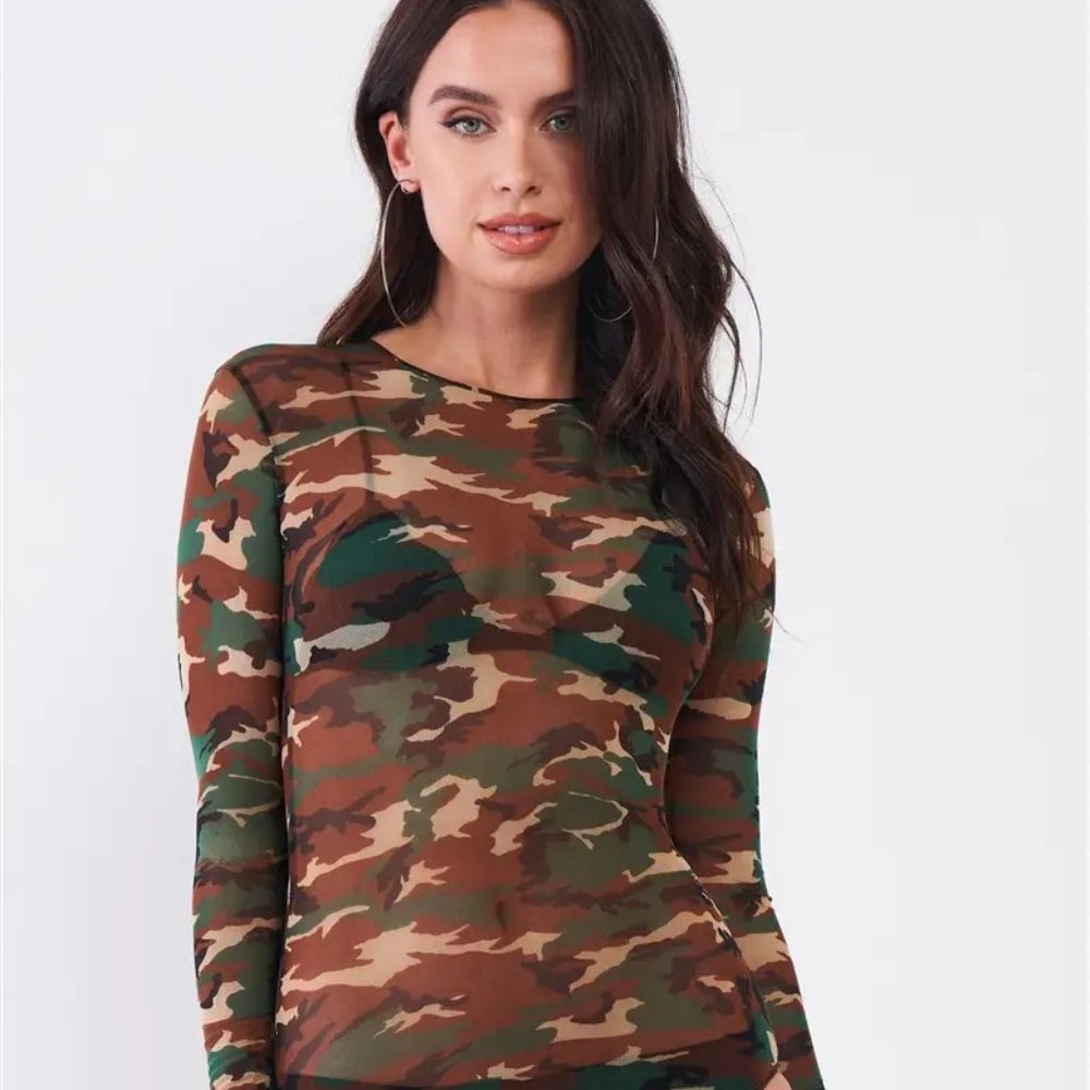 Women's Camouflage Print Sheer Mesh Crew Neck Long Sleeve Body Stocking Bodysuit